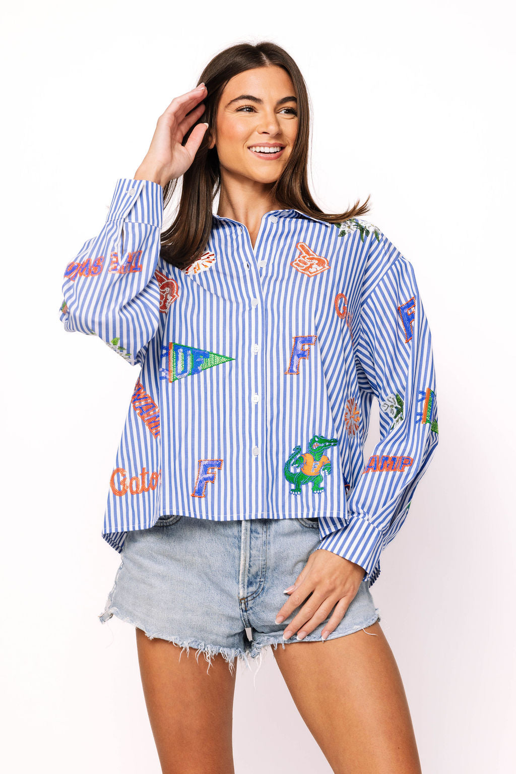 Licensed Florida Mini Icon Striped Button Down Long Sleeve Top
