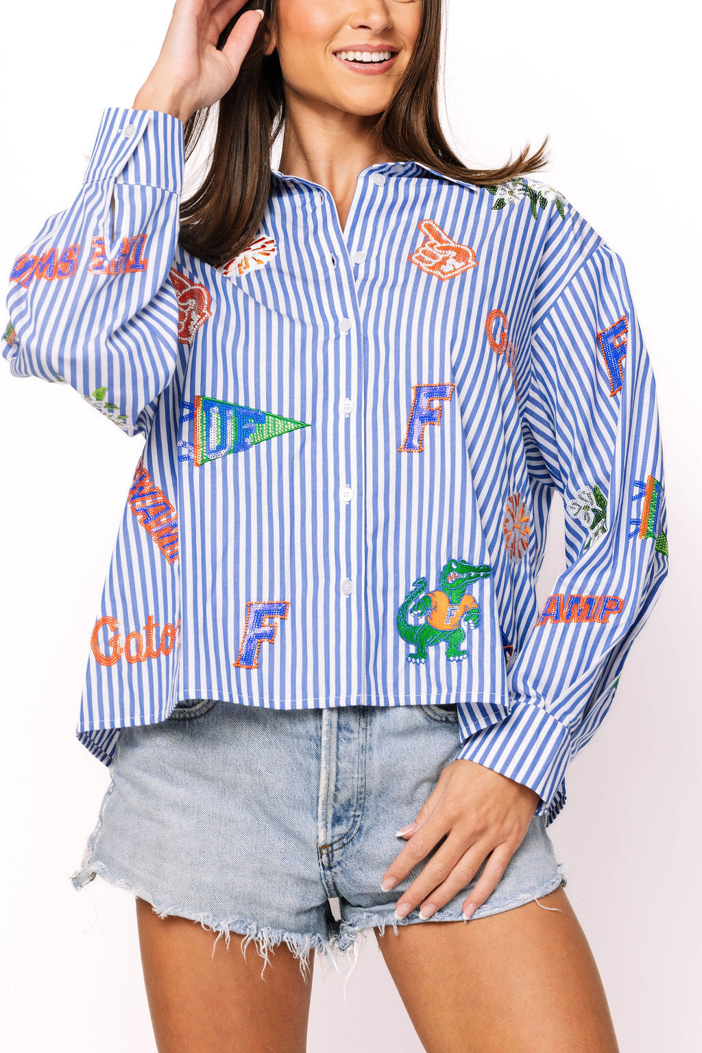 Licensed Florida Mini Icon Striped Button Down Long Sleeve Top