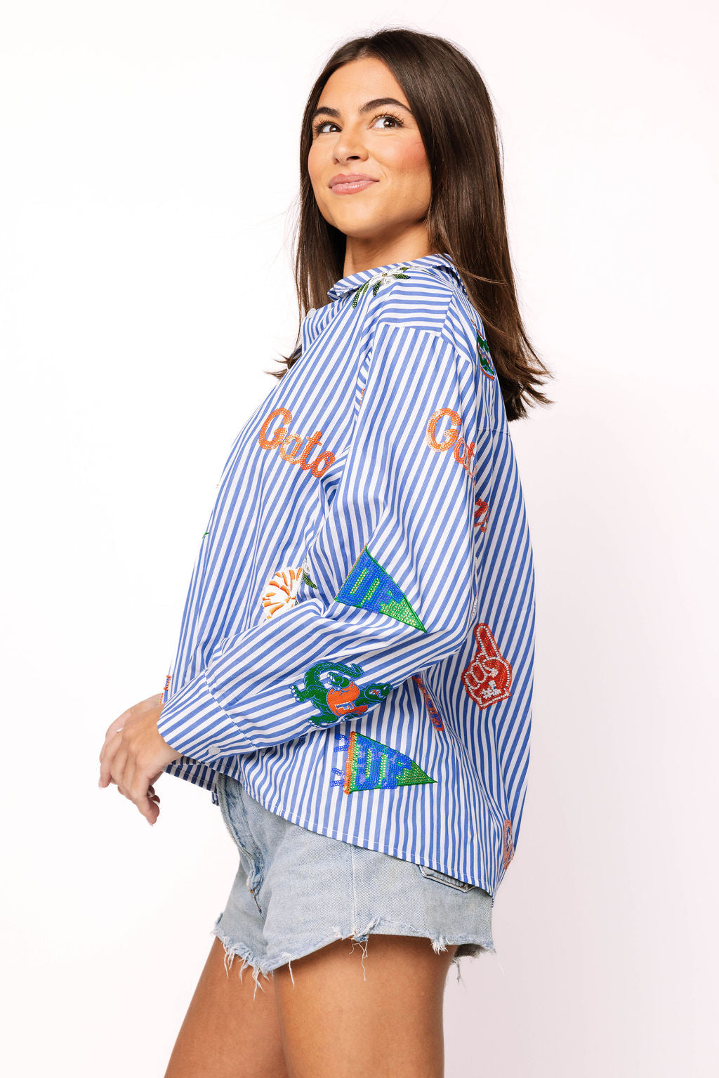 Licensed Florida Mini Icon Striped Button Down Long Sleeve Top