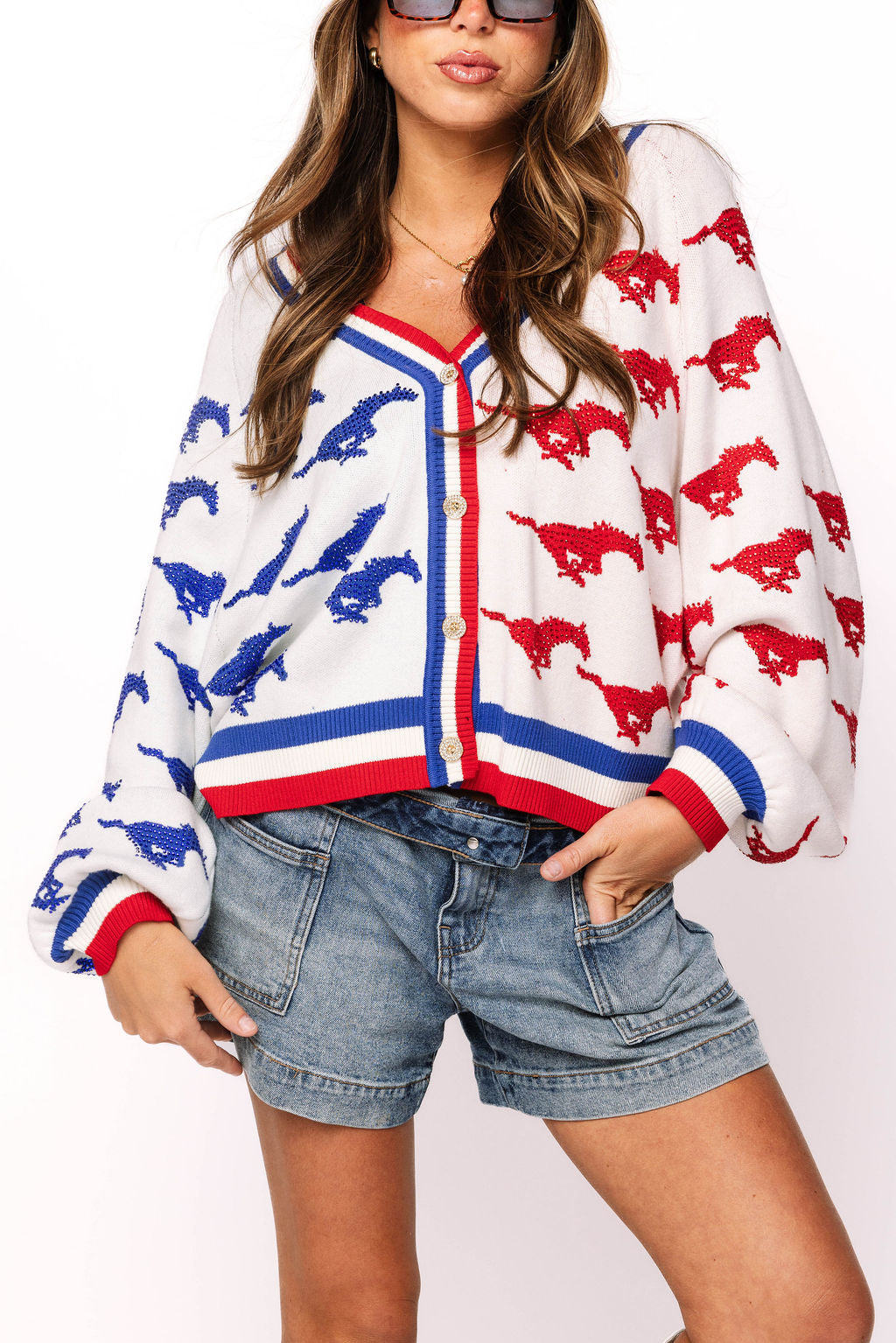 Licensed SMU Knit In Mascot Rhinestone Cardigan