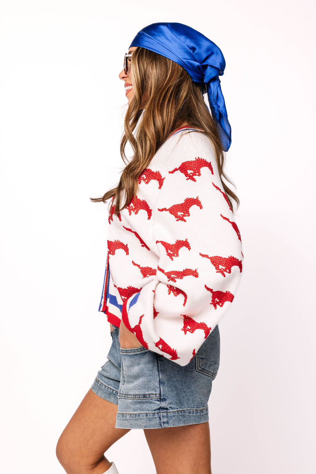 Licensed SMU Knit In Mascot Rhinestone Cardigan