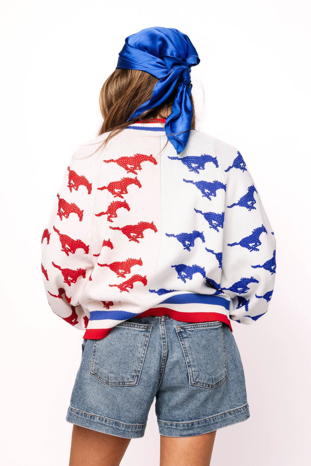 Licensed SMU Knit In Mascot Rhinestone Cardigan