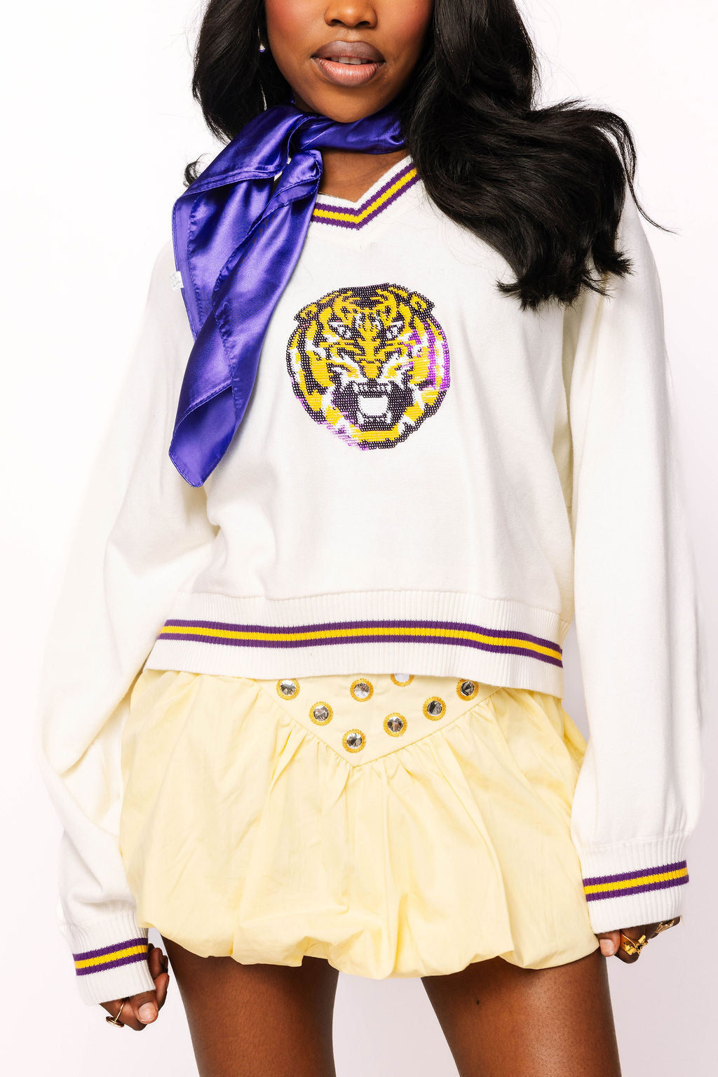 Licensed LSU V Neck Striped Cuff LS Sweater With Small Mascot