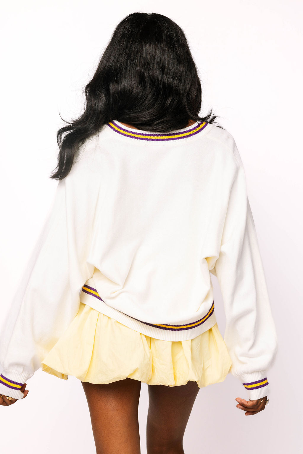 Licensed LSU V Neck Striped Cuff LS Sweater With Small Mascot