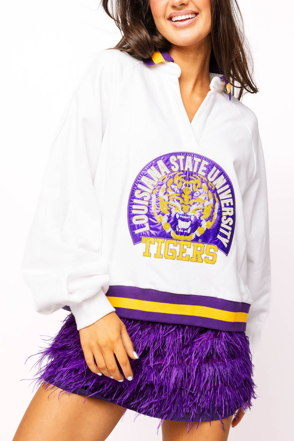 Licensed LSU Striped Collar Circular Mascot Sweatshirt