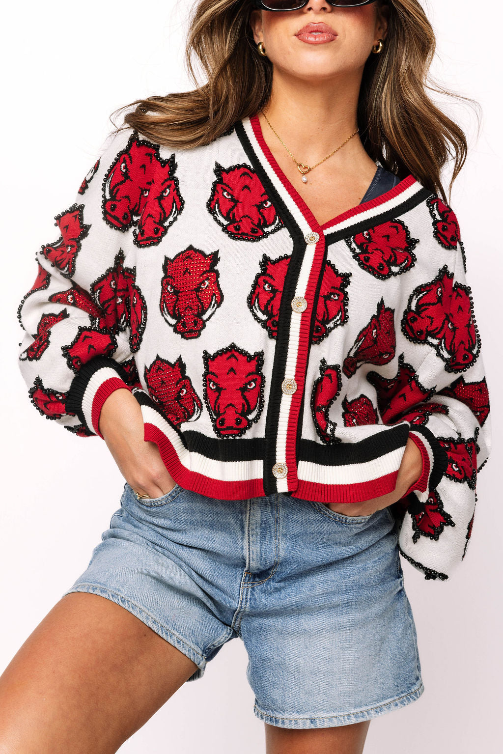 Licensed Arkansas Knit In Mascot Rhinestone Cardigan