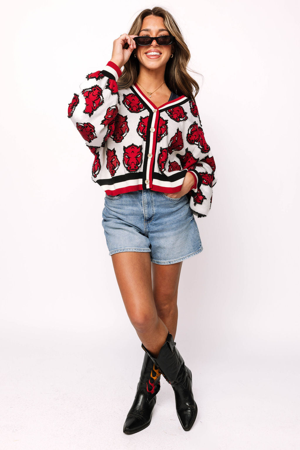 Licensed Arkansas Knit In Mascot Rhinestone Cardigan