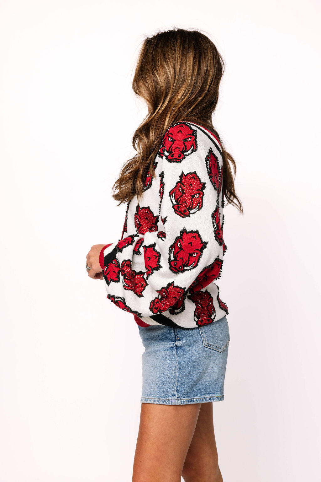 Licensed Arkansas Knit In Mascot Rhinestone Cardigan