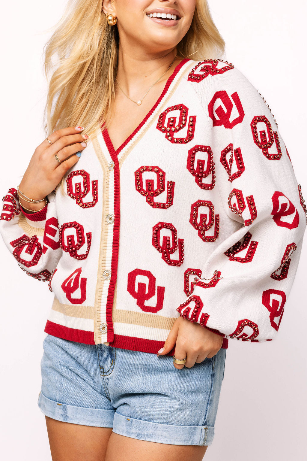 Licensed Oklahoma Knit In Mascot Rhinestone Cardigan