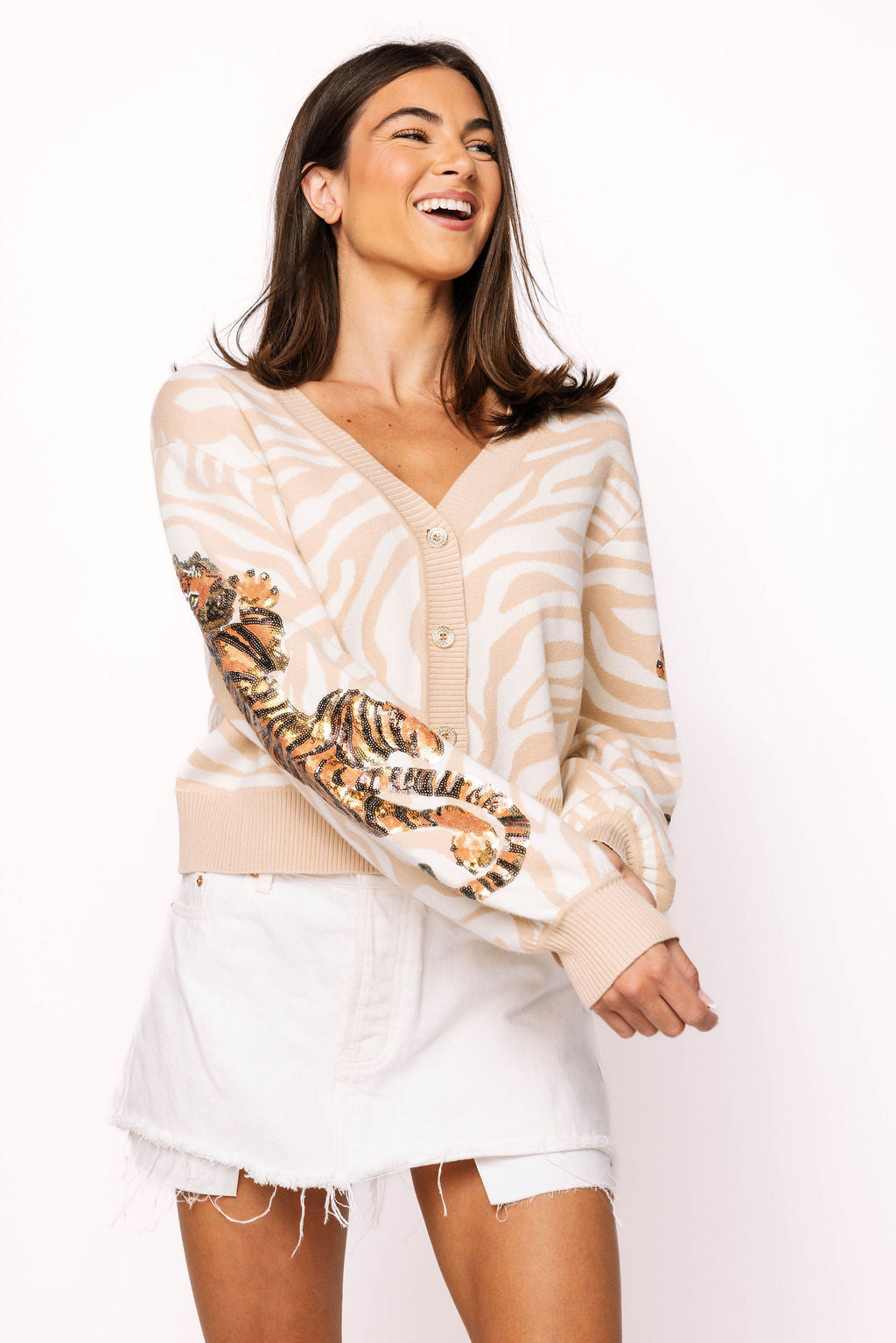 Ivory Tiger On Tiger Print Cardigan