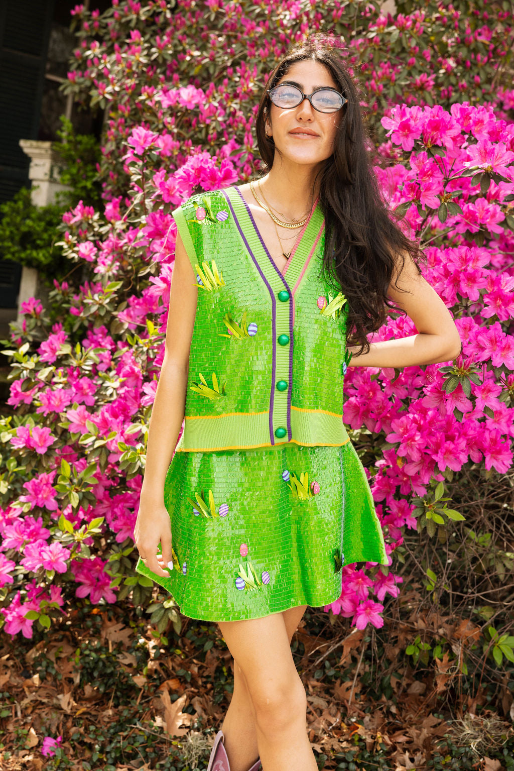 Green Full Sequin Easter Egg In Grass Button Up Vest