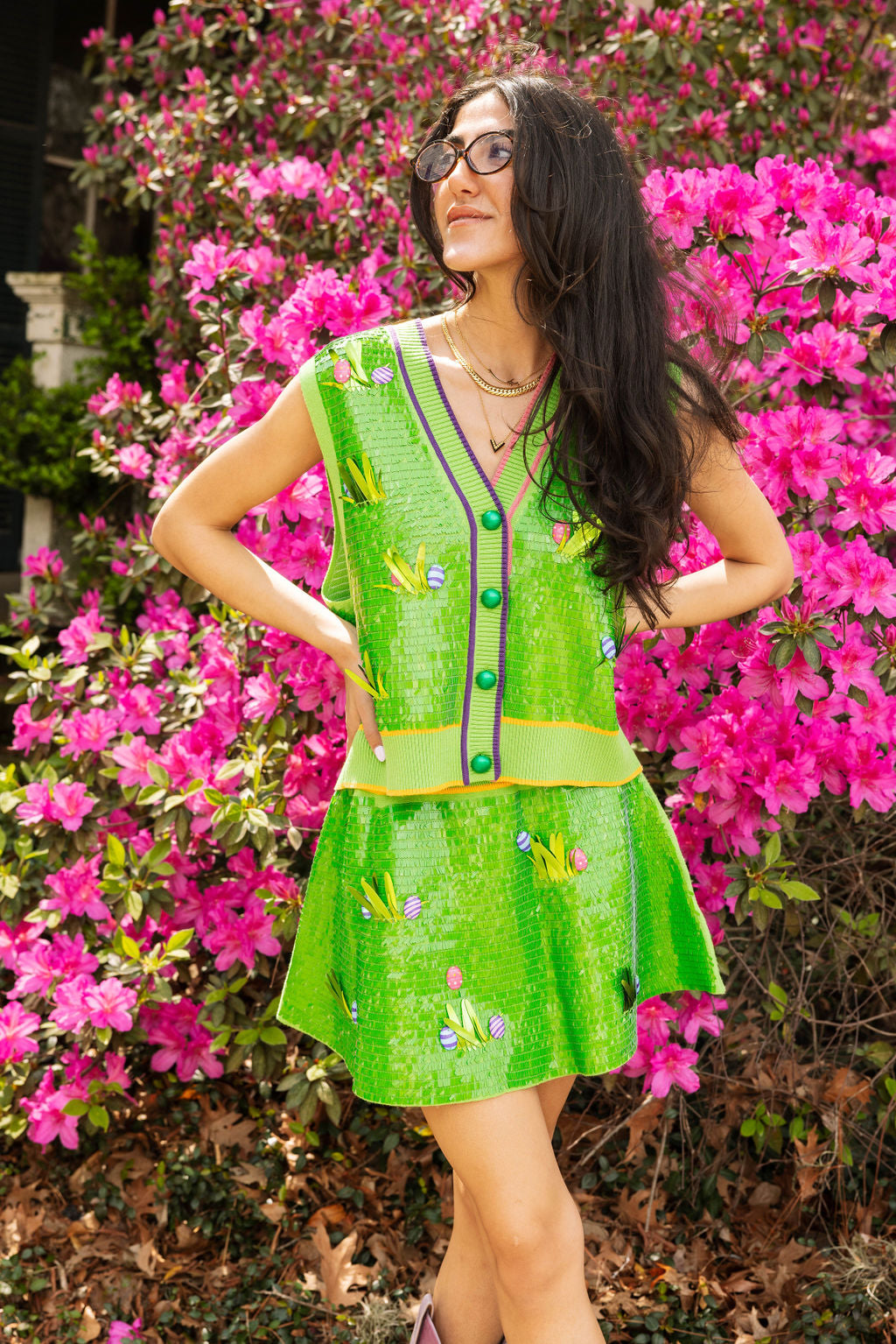 Green Full Sequin Easter Egg In Grass Button Up Vest