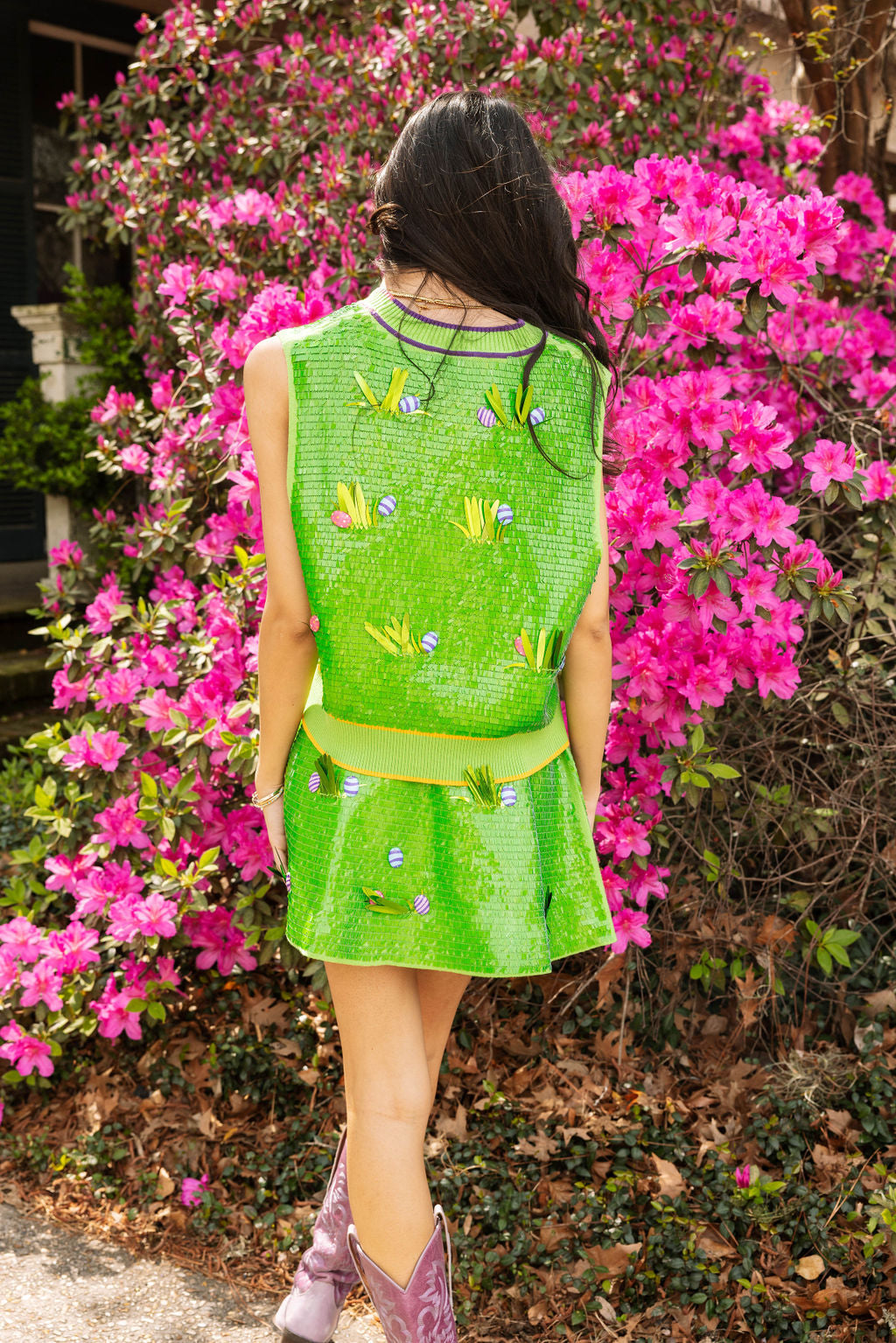Green Full Sequin Easter Egg In Grass Button Up Vest
