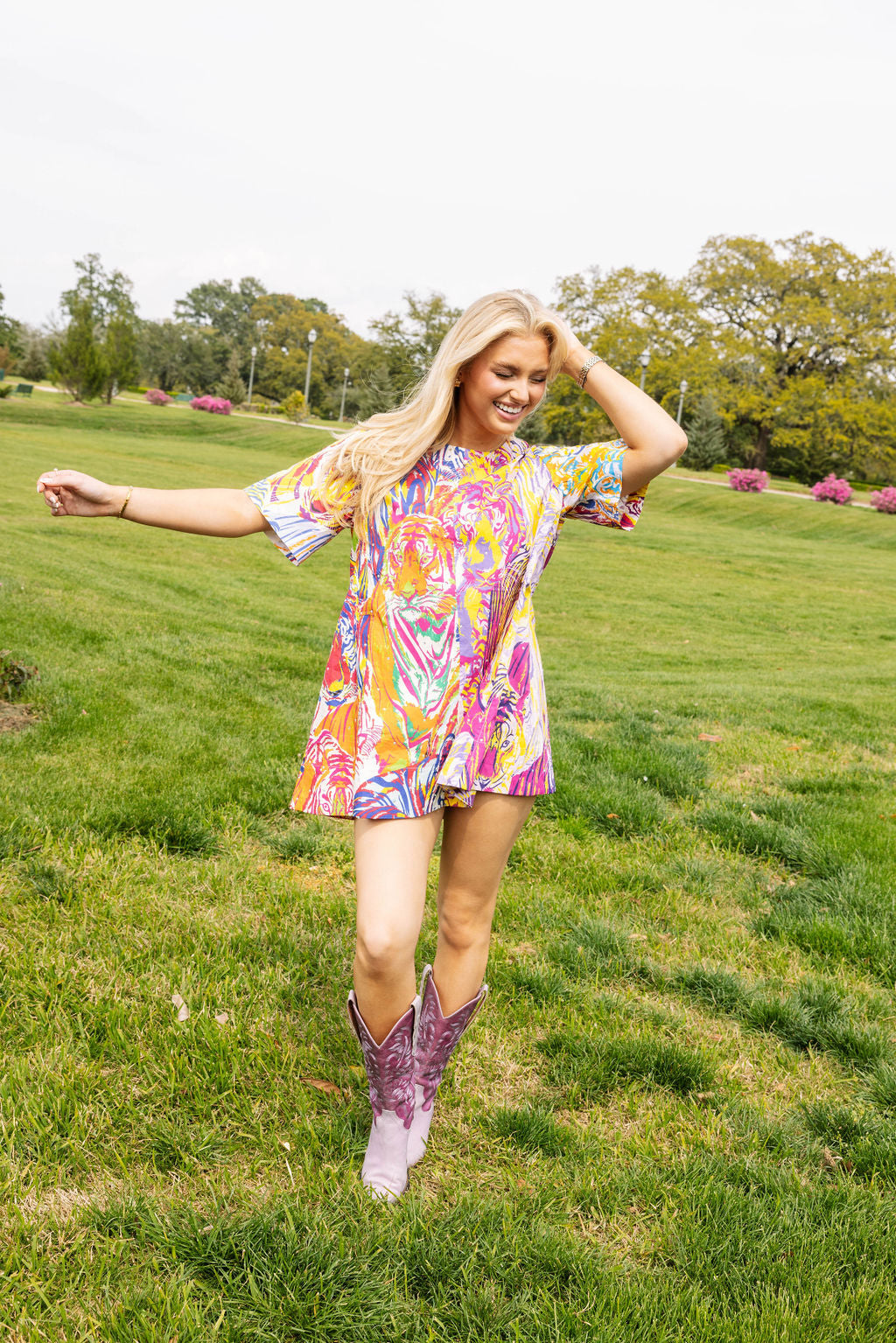 Multi Abstract Cotton Tiger Short Sleeve Dress