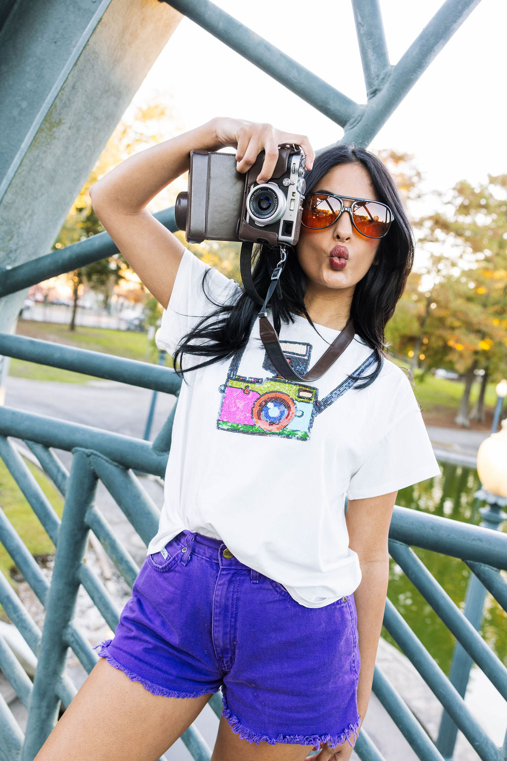 White Camera Around Neck Tee