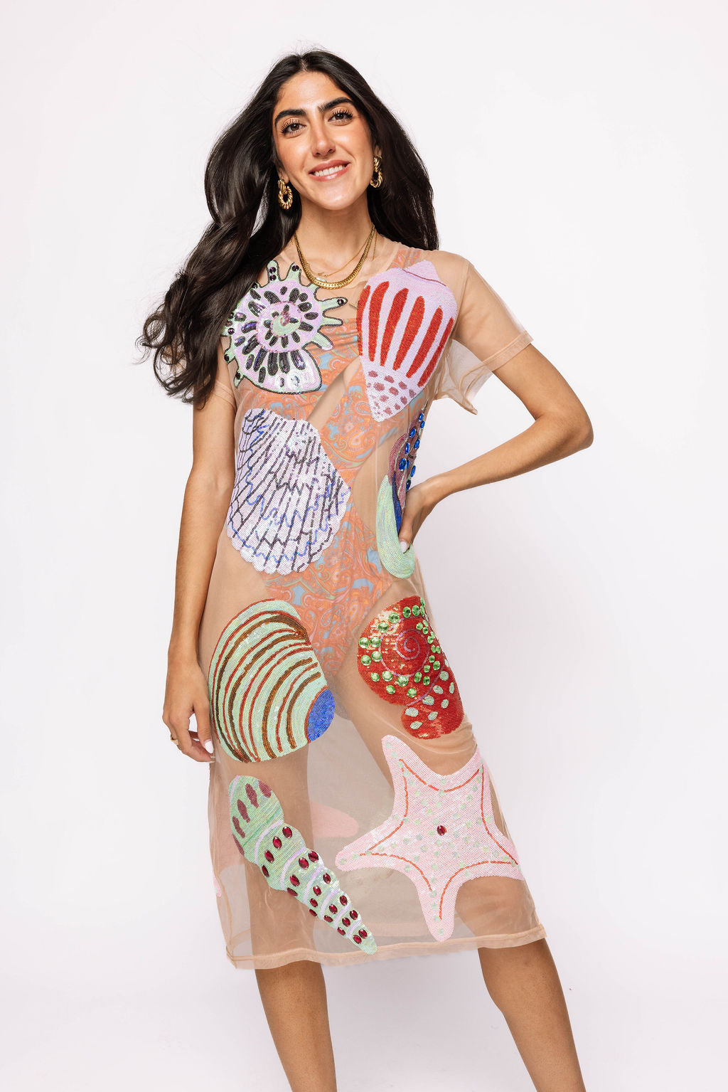 Beige Multi Shell Coverup Midi Dress