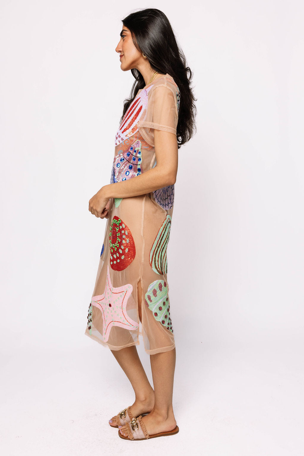 Beige Multi Shell Coverup Midi Dress