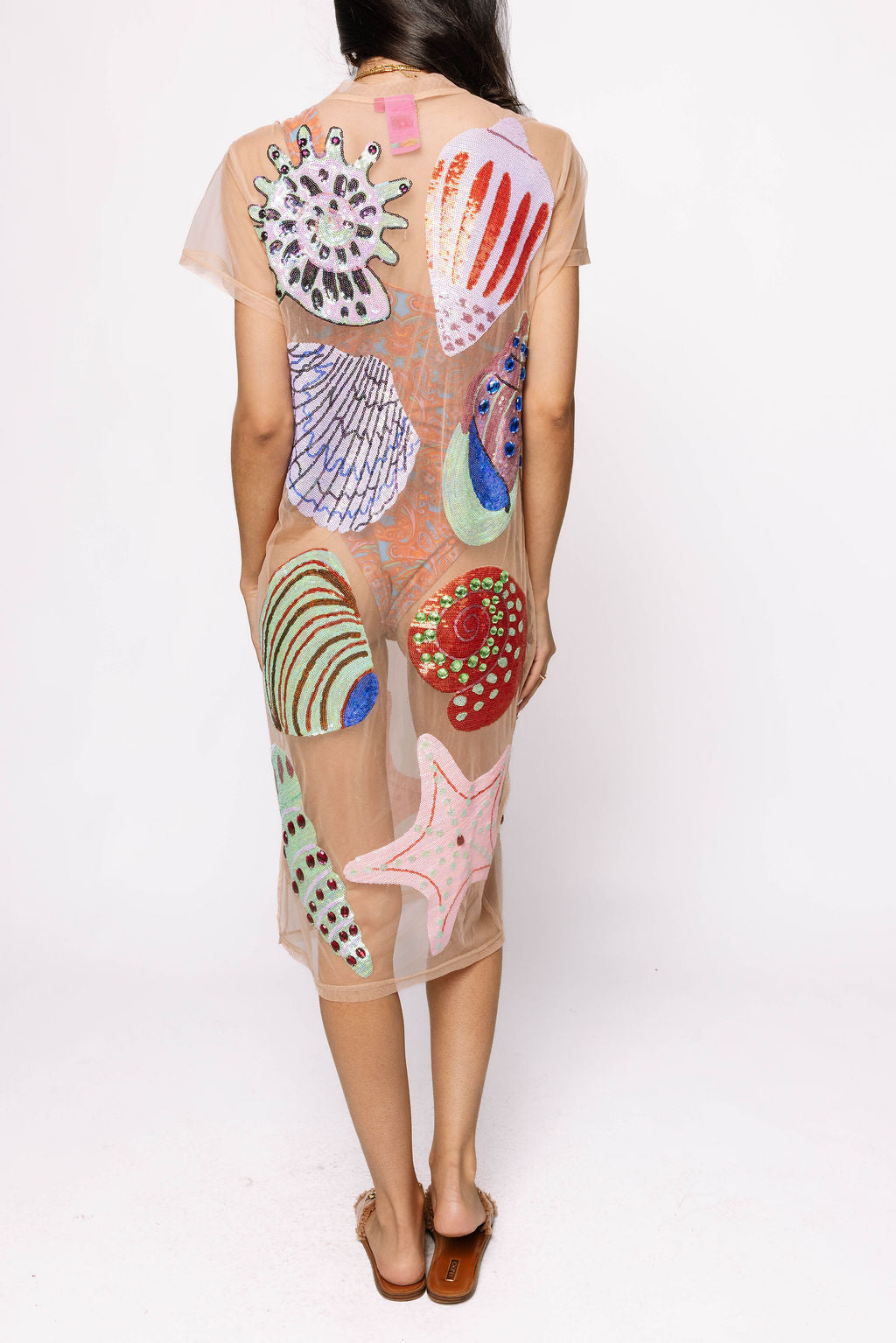 Beige Multi Shell Coverup Midi Dress