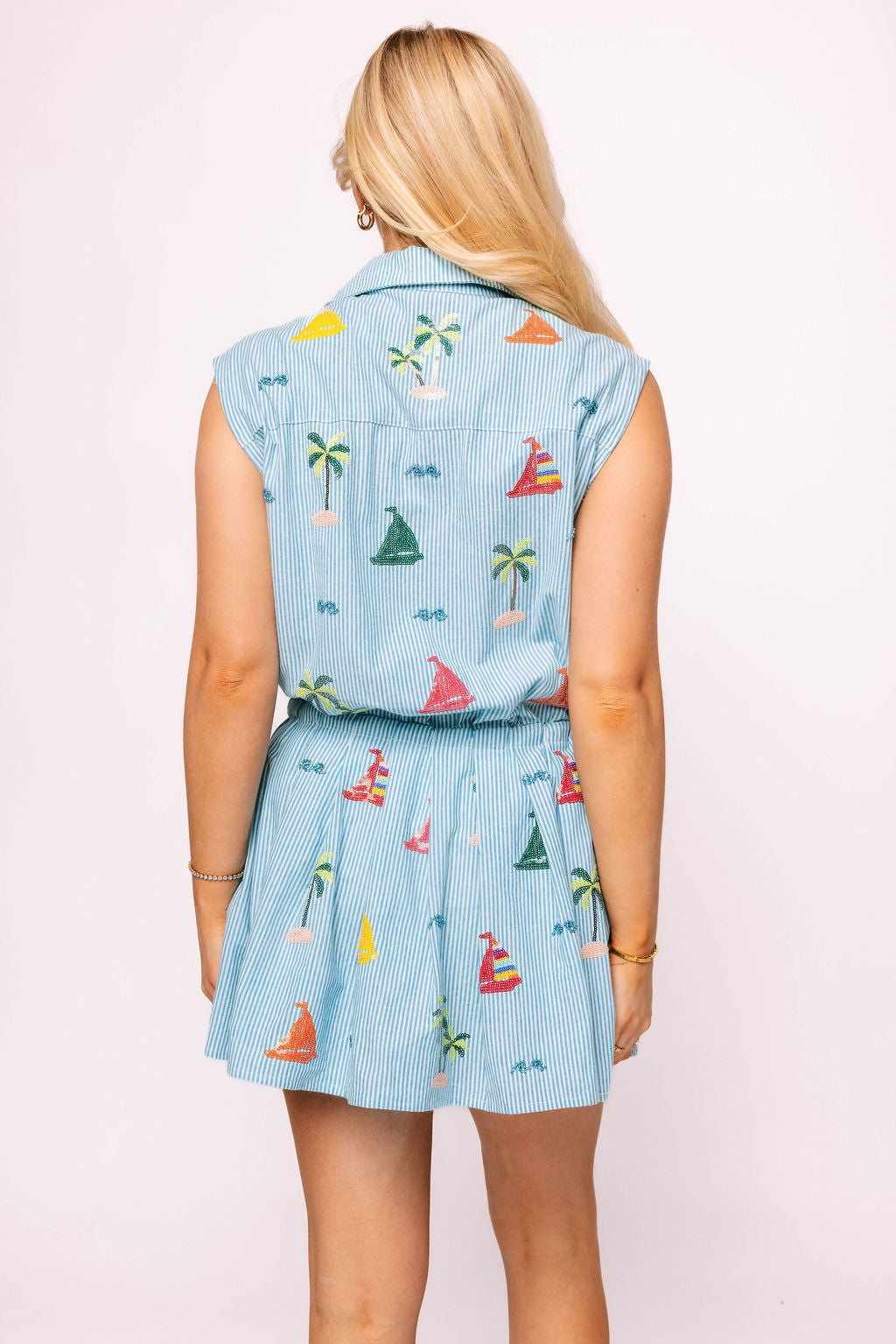 Blue Stripe Sail Boat & Palm Tree Icon Cotton Collar Tie Dress