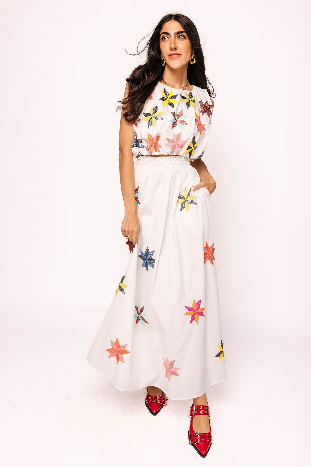 White Multi Pinwheel Cotton Bubble Tank