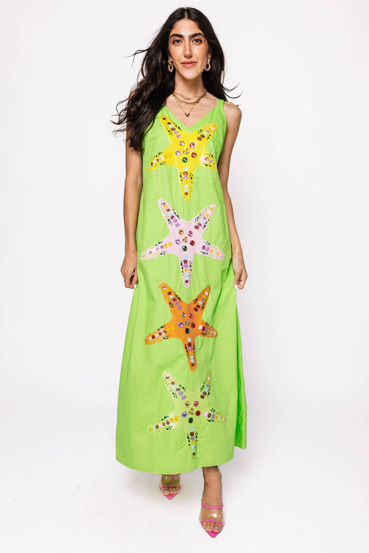 Lime Green Multi Star Fish Midi Cotton Dress