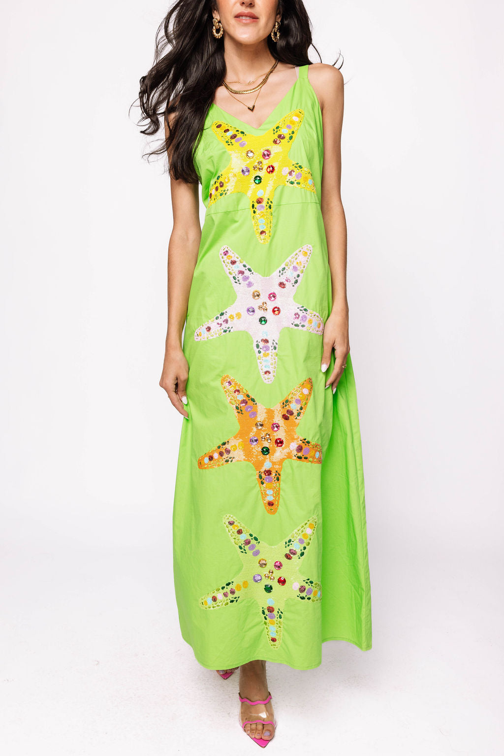 Lime Green Multi Star Fish Midi Cotton Dress