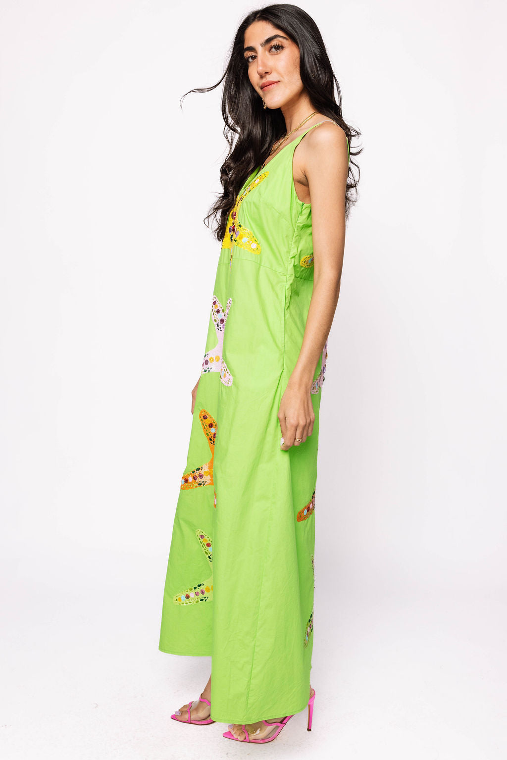 Lime Green Multi Star Fish Midi Cotton Dress