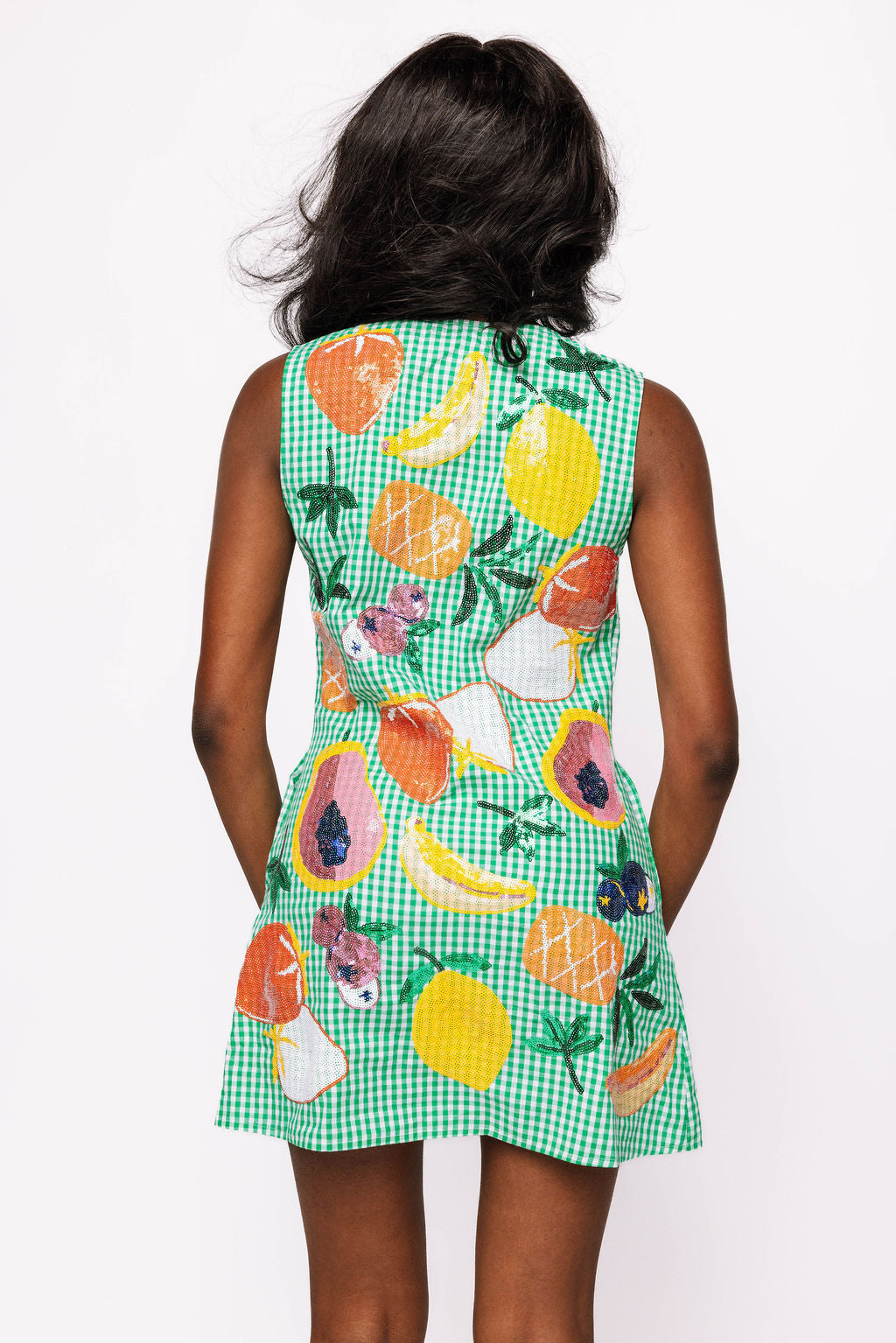 Green Gingham Fruit Button Up Tank Dress