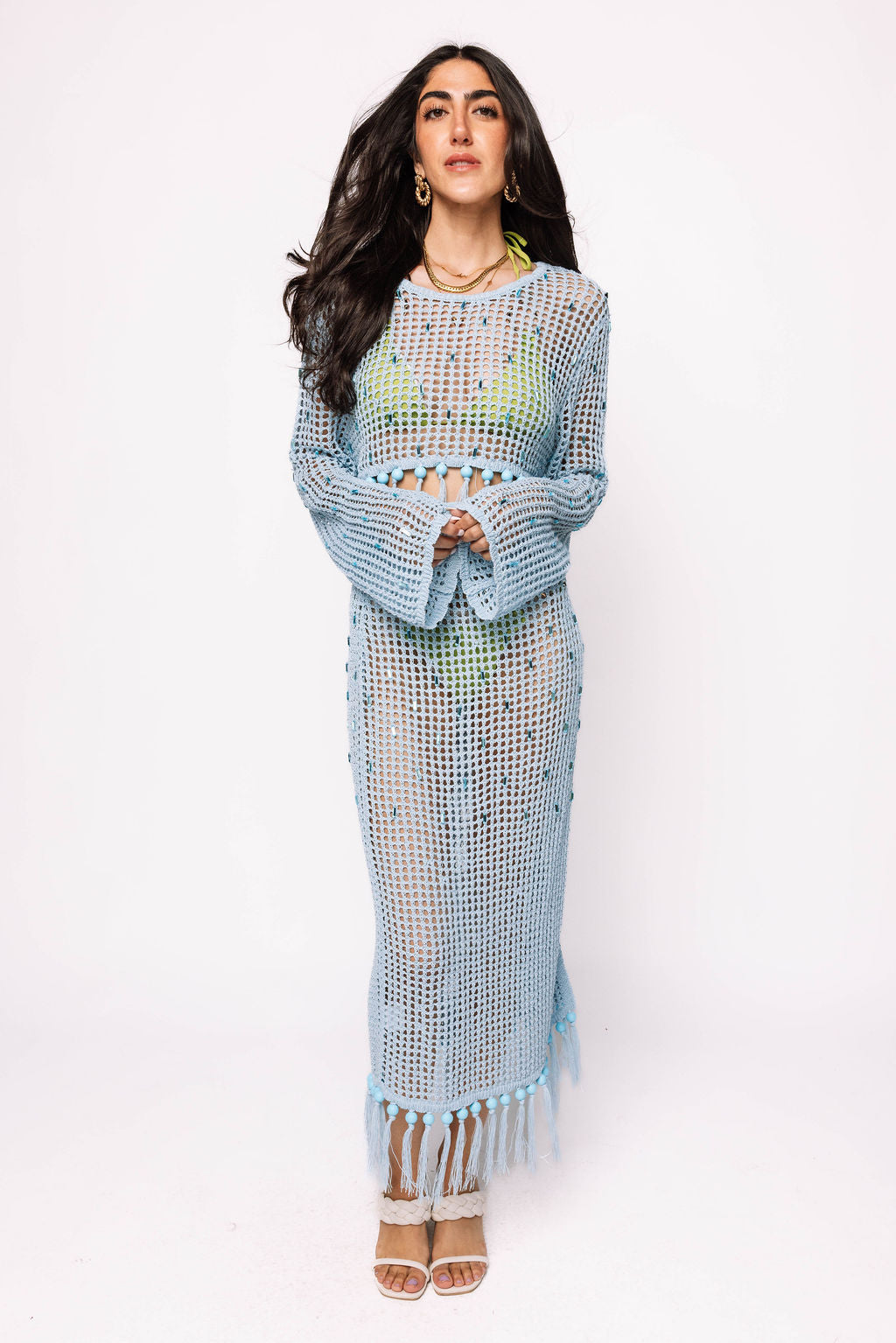 Light Blue Mesh Fringe Coverup Top