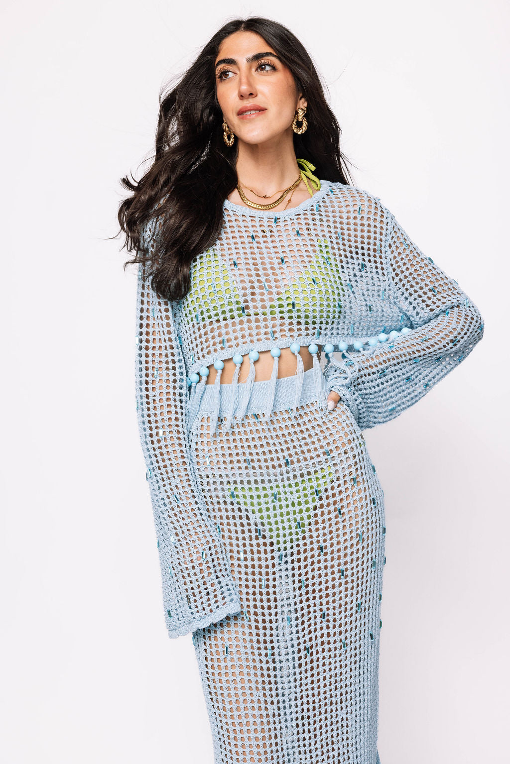 Light Blue Mesh Fringe Coverup Top