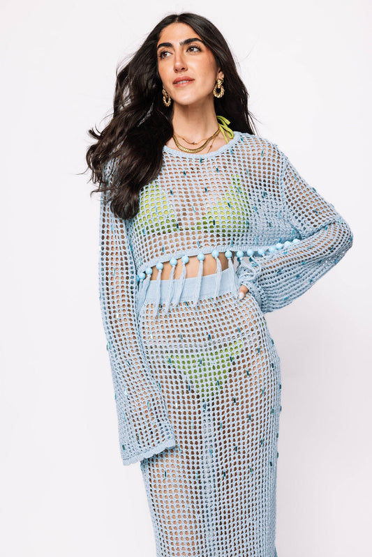 Light Blue Mesh Fringe Coverup Top