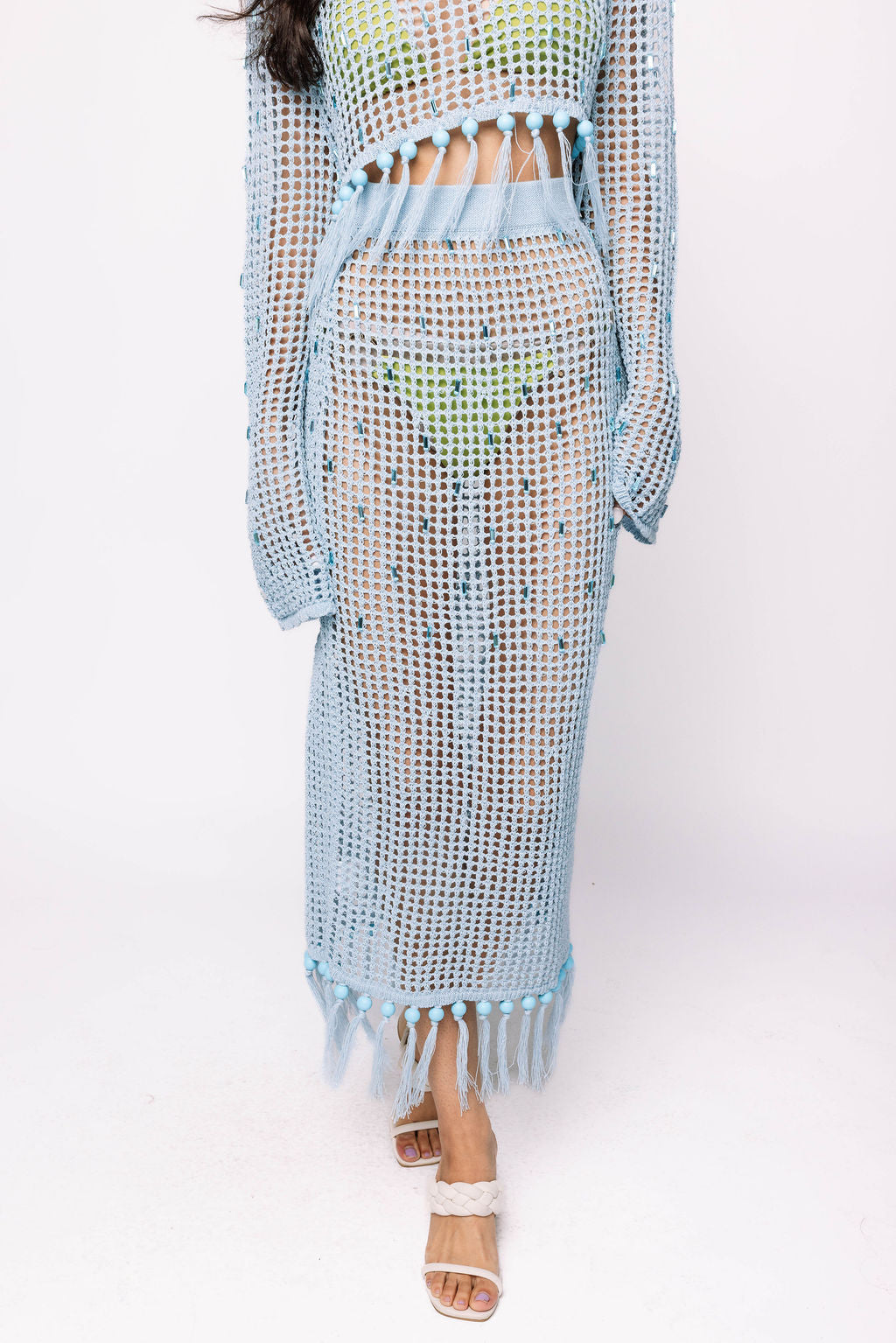 Light Blue Mesh Fringe Coverup Midi Skirt