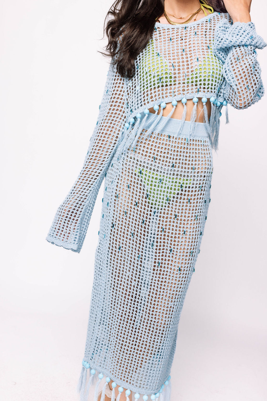 Light Blue Mesh Fringe Coverup Top