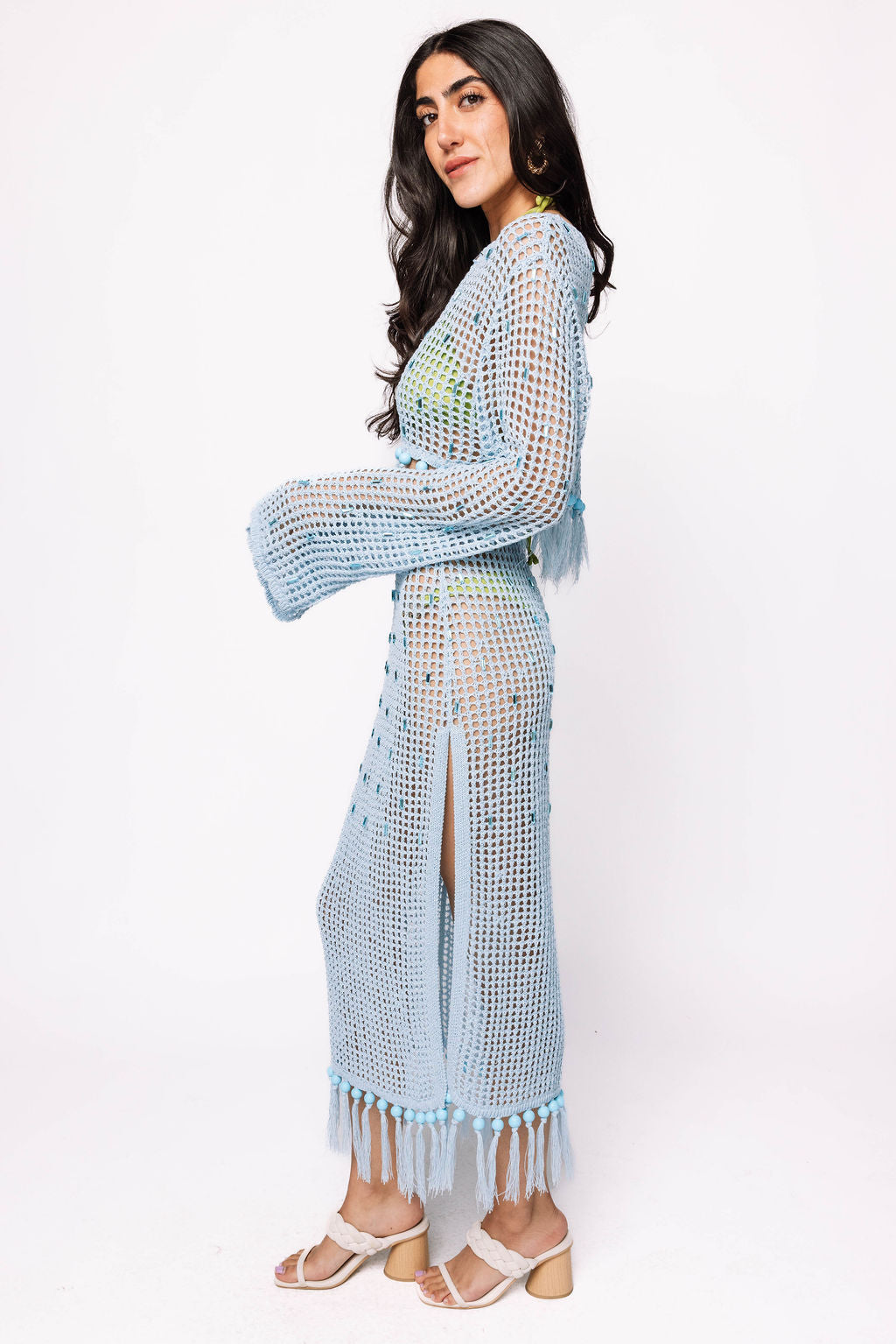 Light Blue Mesh Fringe Coverup Midi Skirt