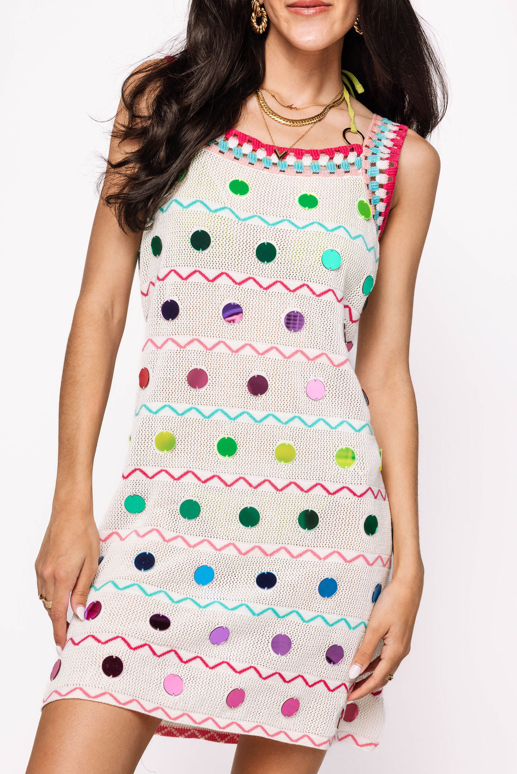 White & Rainbow Crochet & Pailette Zig Zag Coverup