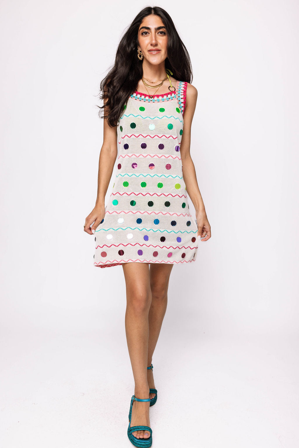 White & Rainbow Crochet & Pailette Zig Zag Coverup