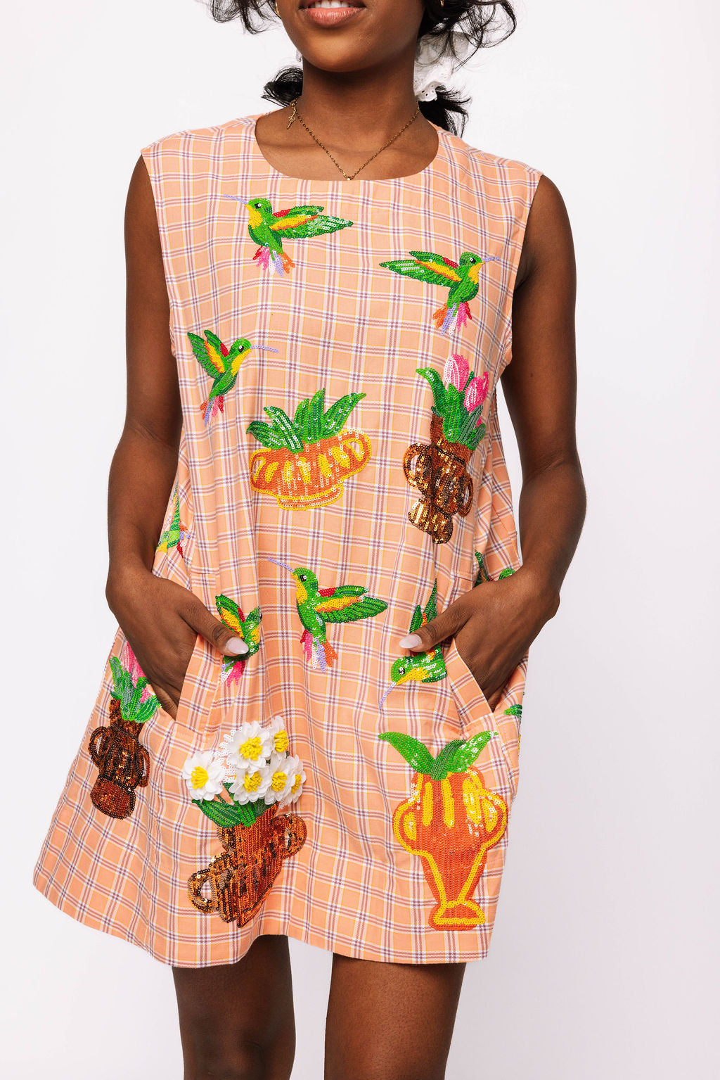 Orange Plaid Hummingbird Tank Dress