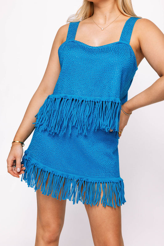 Aqua Blue Rhinestone Fringe Skirt