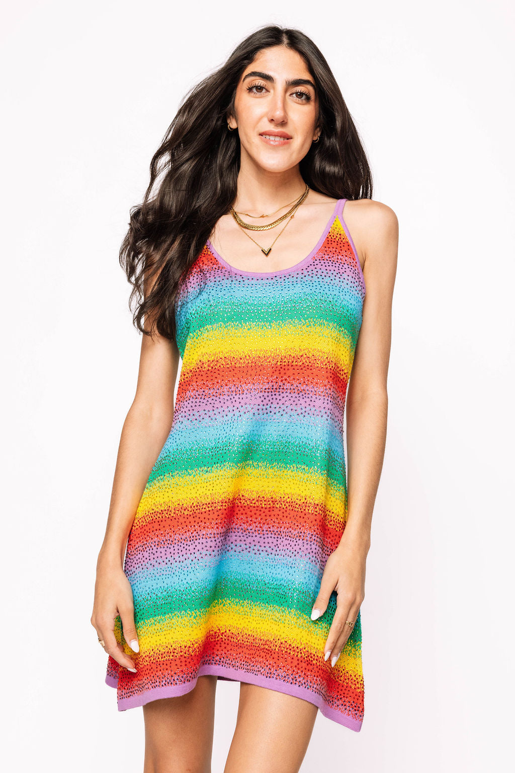 Rainbow Tie Dye Stripe Rhinestone Tank Dress
