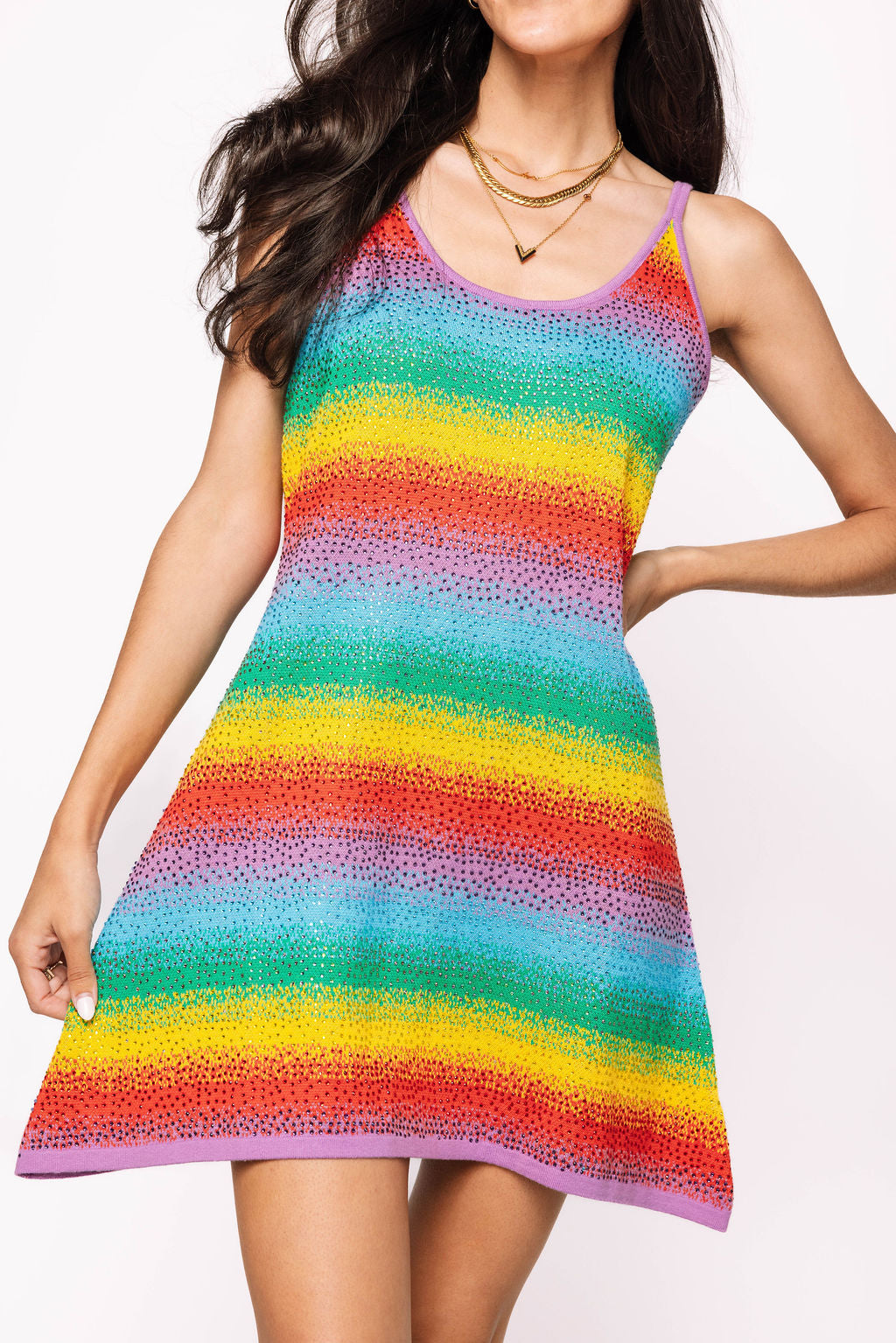 Rainbow Tie Dye Stripe Rhinestone Tank Dress