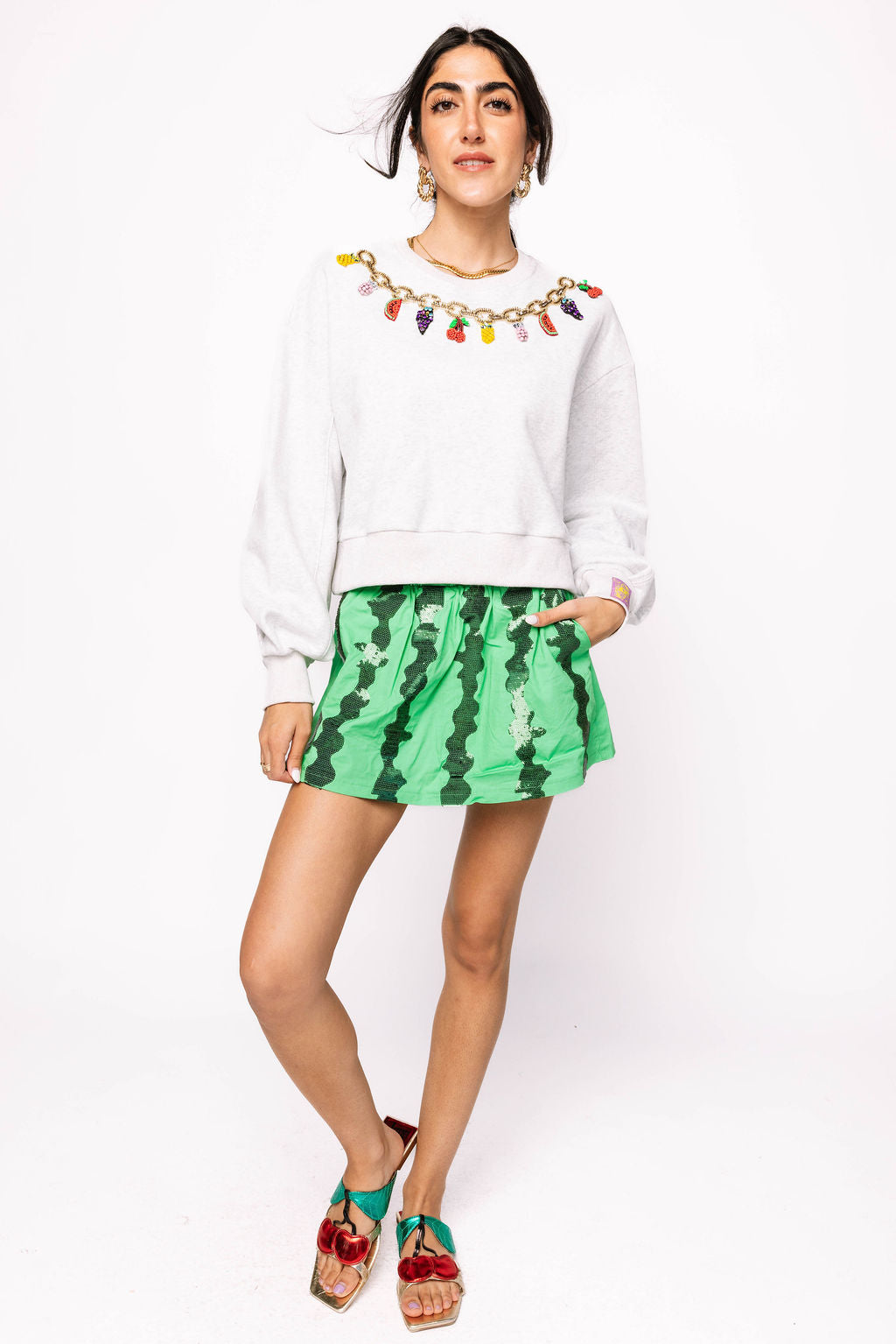 Grey Fruit Charm Necklace Sweatshirt