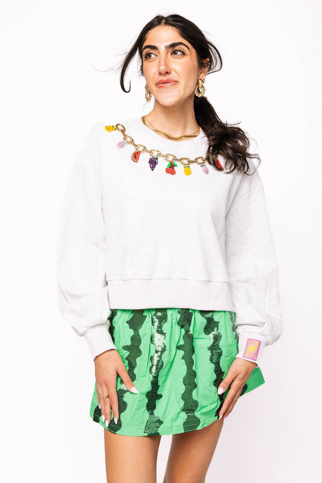 Grey Fruit Charm Necklace Sweatshirt
