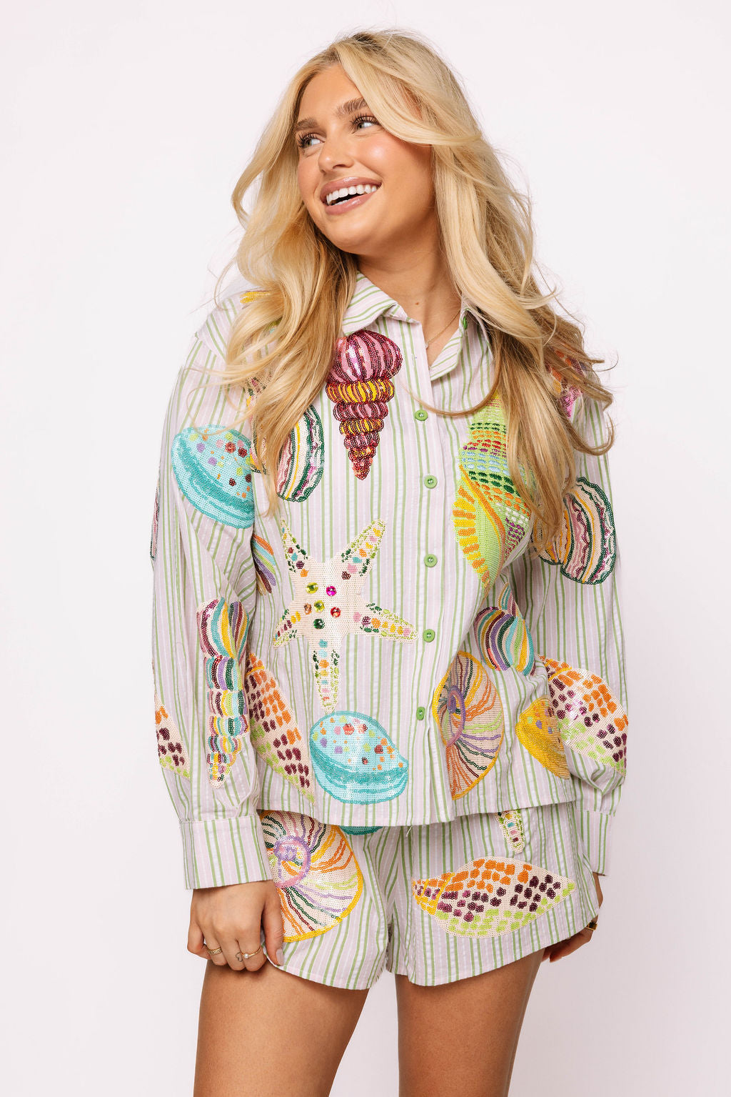 Striped Button Up Multi Shell Long Sleeve Top