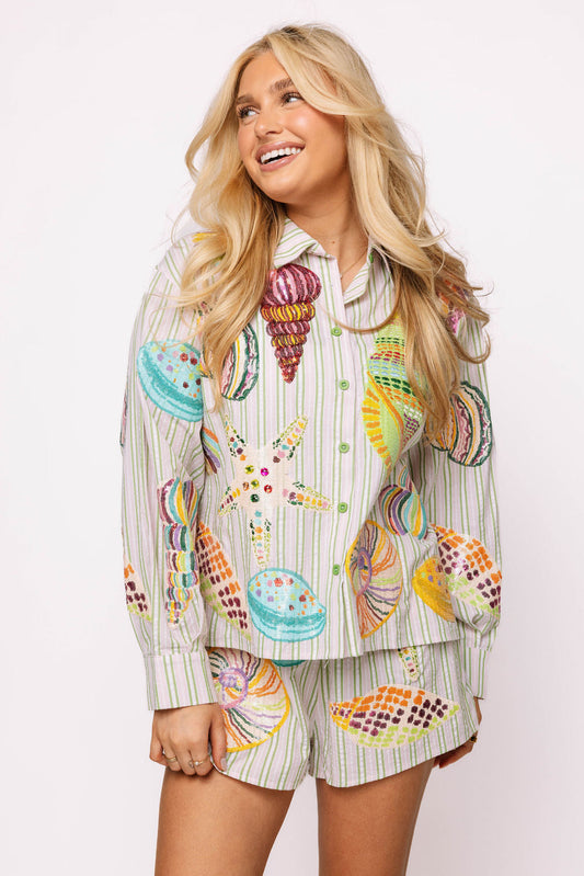 Striped Button Up Multi Shell Long Sleeve Top
