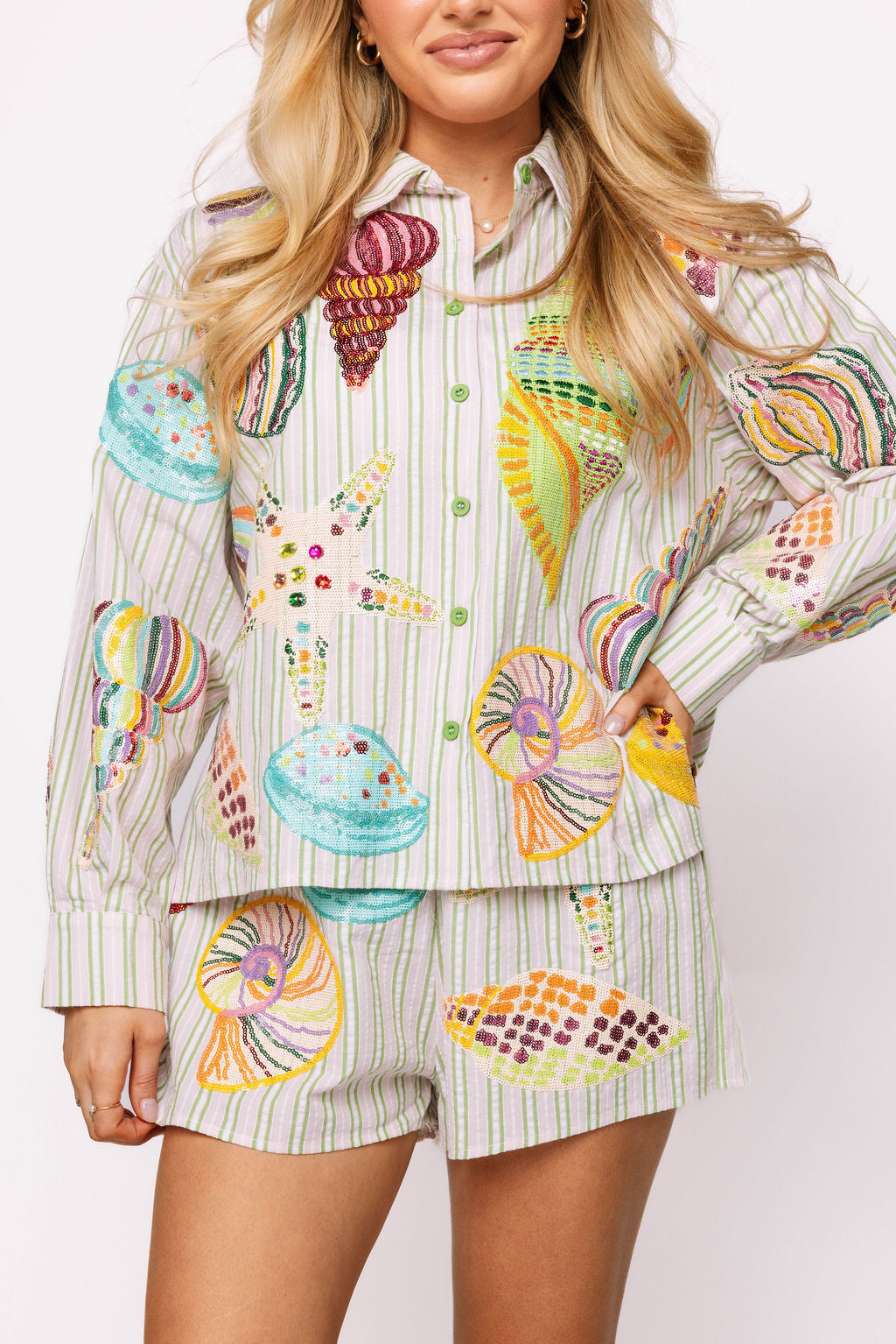 Striped Button Up Multi Shell Long Sleeve Top