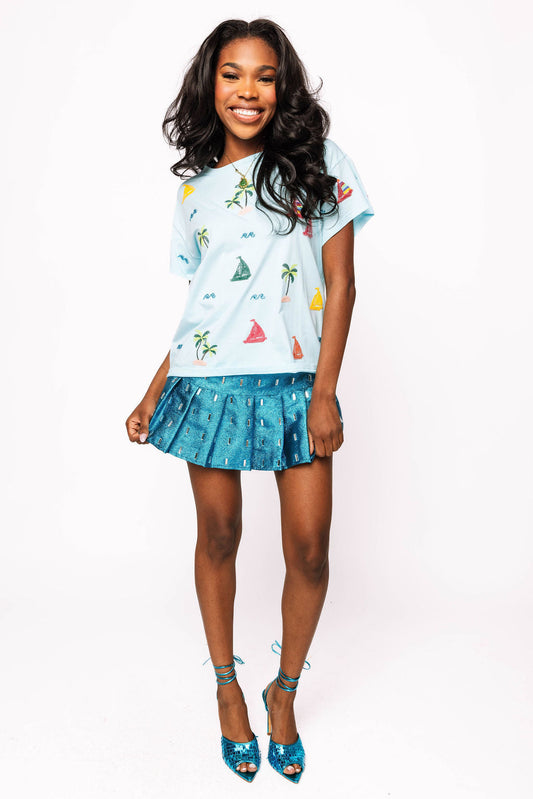 Aqua Sail Boat & Palm Tree Icon Tee