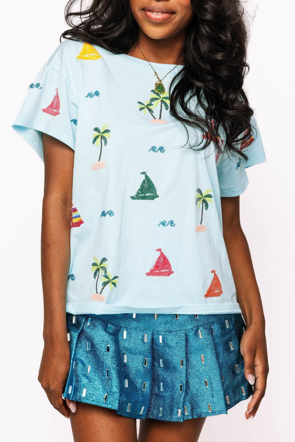 Aqua Sail Boat & Palm Tree Icon Tee
