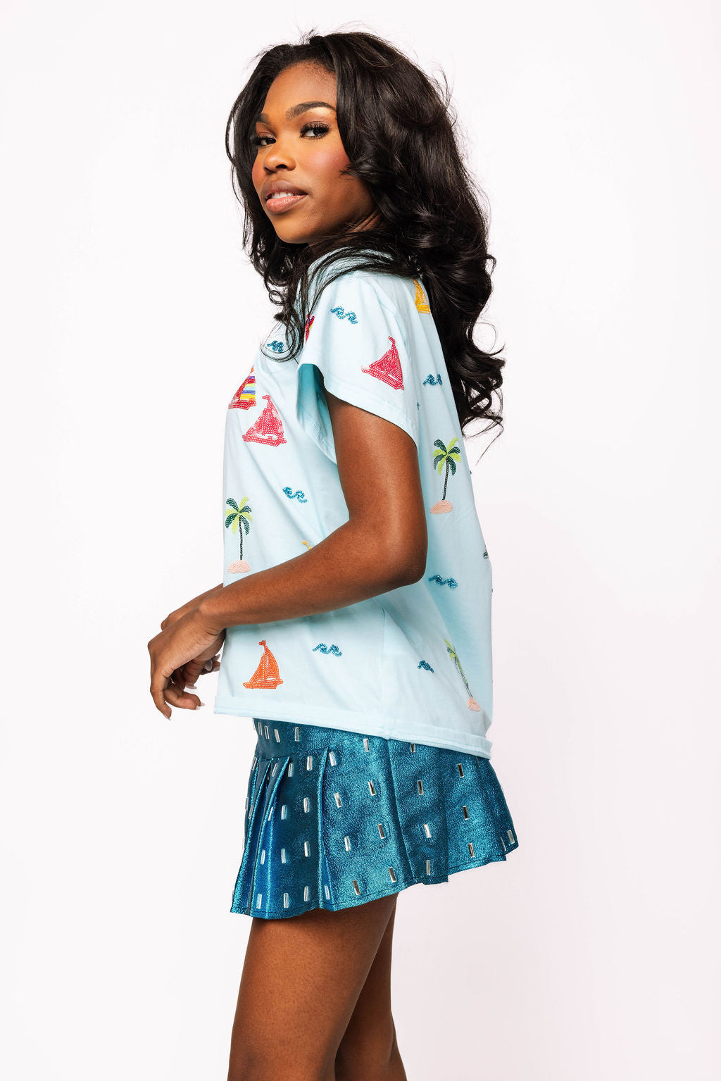 Aqua Sail Boat & Palm Tree Icon Tee