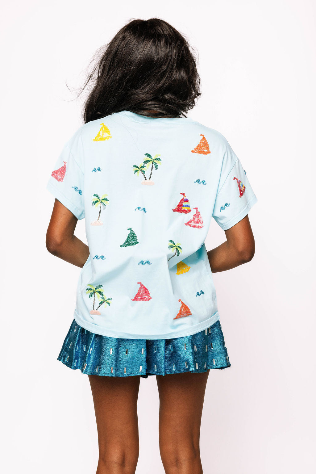 Aqua Sail Boat & Palm Tree Icon Tee