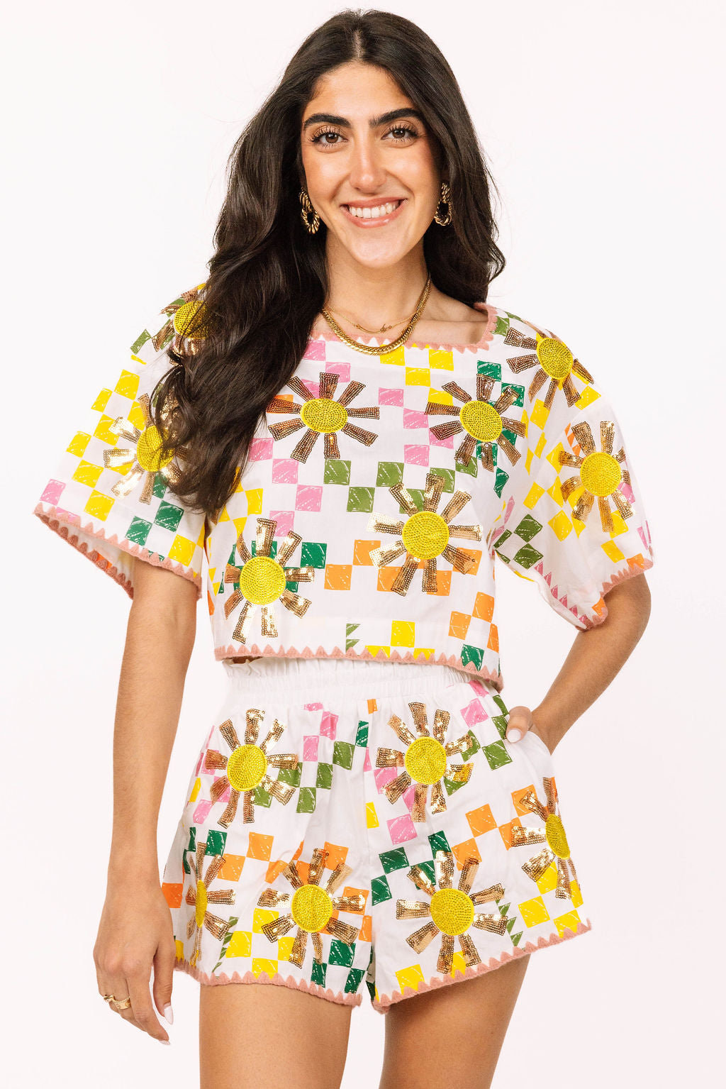 White Multi Checkered Sun Short